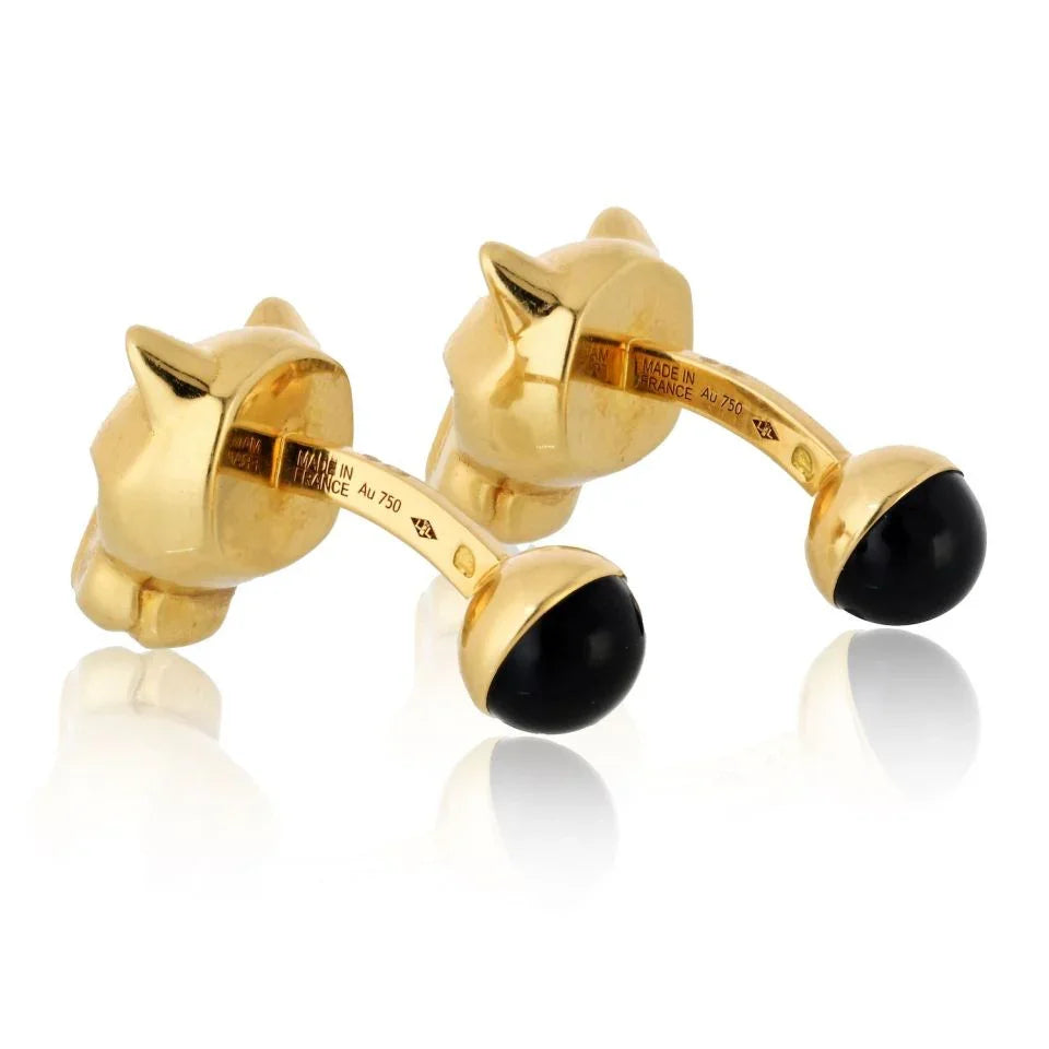 Carthttier Panthere 18K Yellow Gold Black Onyx Nose And Green Eyes Cuff Links