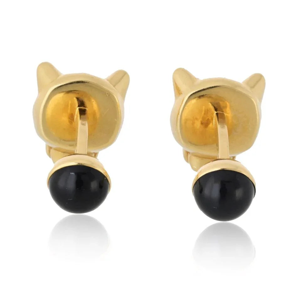 Carthttier Panthere 18K Yellow Gold Black Onyx Nose And Green Eyes Cuff Links