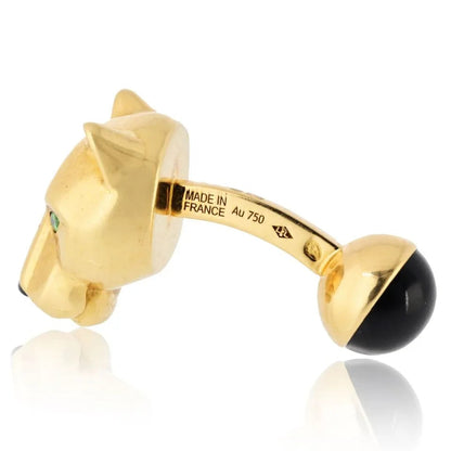 Carthttier Panthere 18K Yellow Gold Black Onyx Nose And Green Eyes Cuff Links