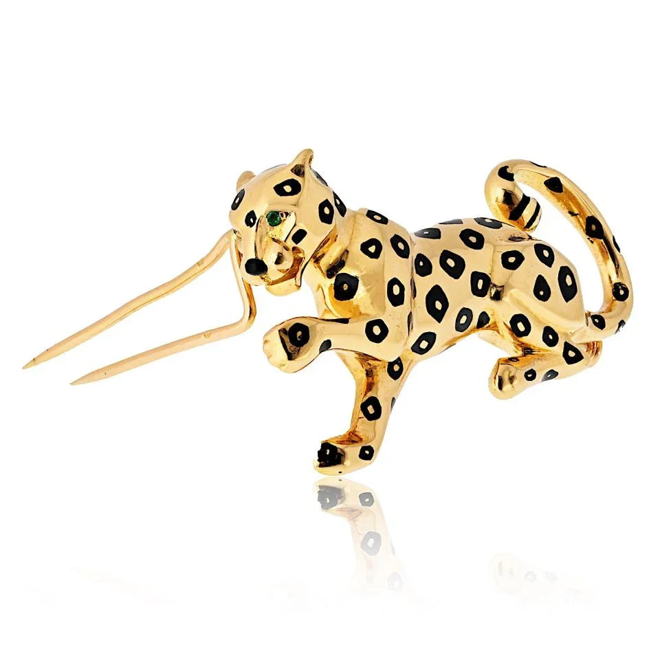Carthttier 18K Yellow Gold Panthere Black Enamel Spotted Brooch