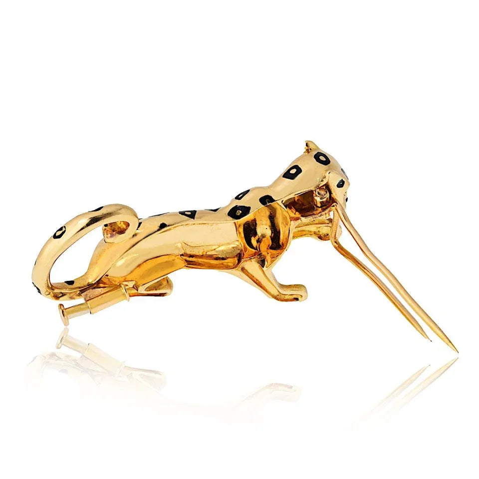Carthttier 18K Yellow Gold Panthere Black Enamel Spotted Brooch