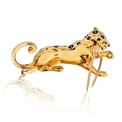Carthttier 18K Yellow Gold Panthere Black Enamel Spotted Brooch