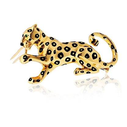 Carthttier 18K Yellow Gold Panthere Black Enamel Spotted Brooch