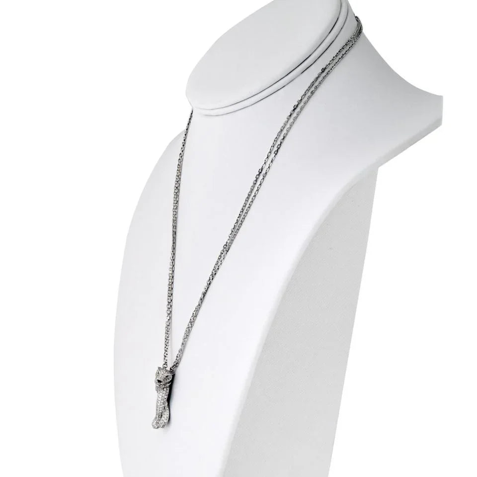 Carthttier 18K White Gold Pave Panthere on a Triple Chain Pendant Necklace