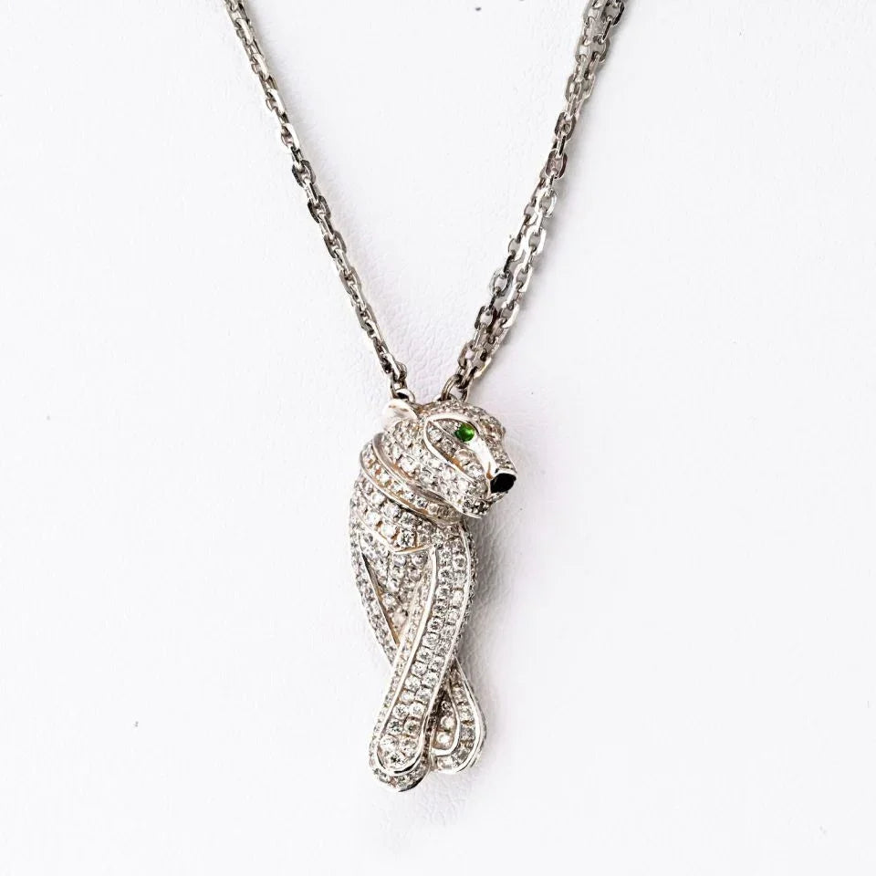 Carthttier 18K White Gold Pave Panthere on a Triple Chain Pendant Necklace