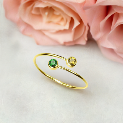 Two Stone Ring Gift for Her Birthstone Free Size Band Gold