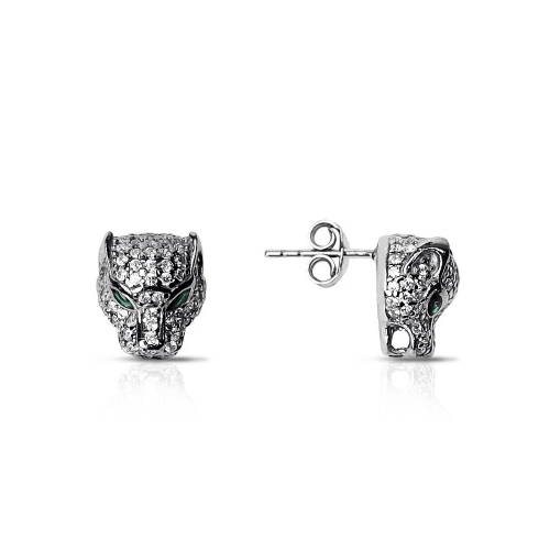 Panther Stud Earrings with Pave CZ Crystals in 925 Silver