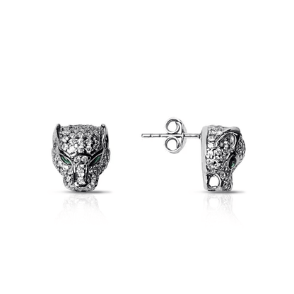 Panther Stud Earrings with Pave CZ Crystals in 925 Silver