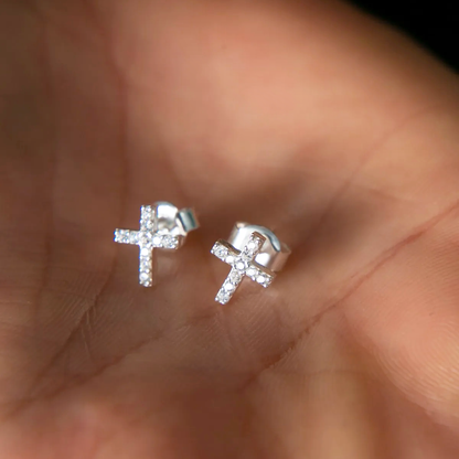 Stud Earrings Rhodium Plated Silver Cross with CZ