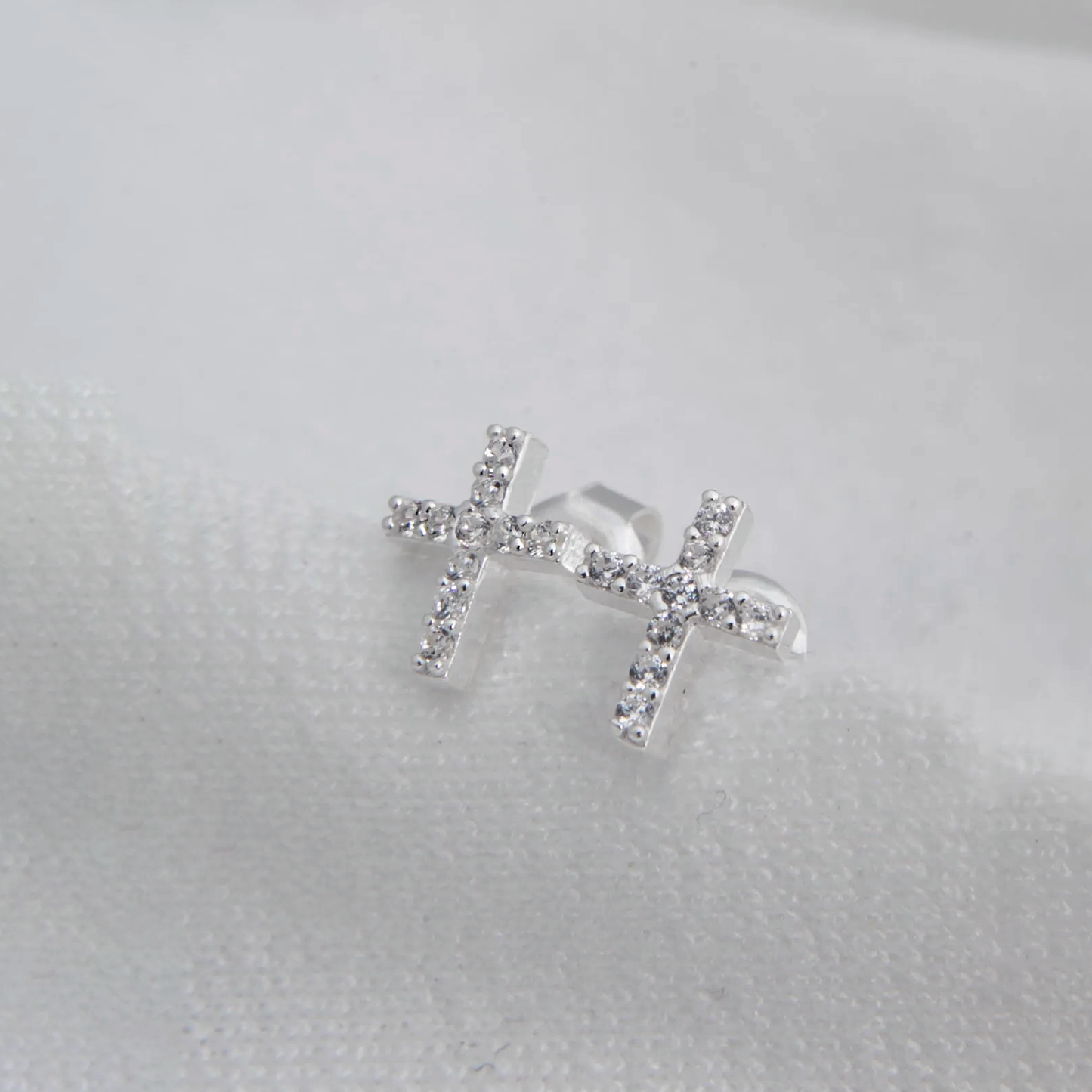 Stud Earrings Rhodium Plated Silver Cross with CZ