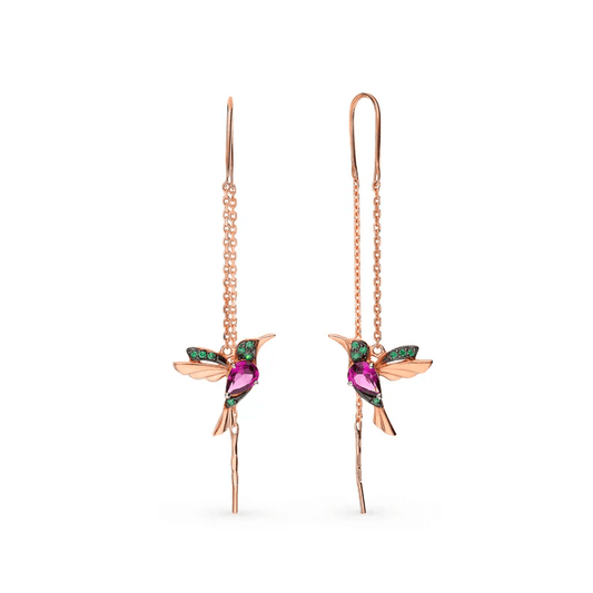 Hummingbird Dangle Chain Earrings Sterling Silver with CZ