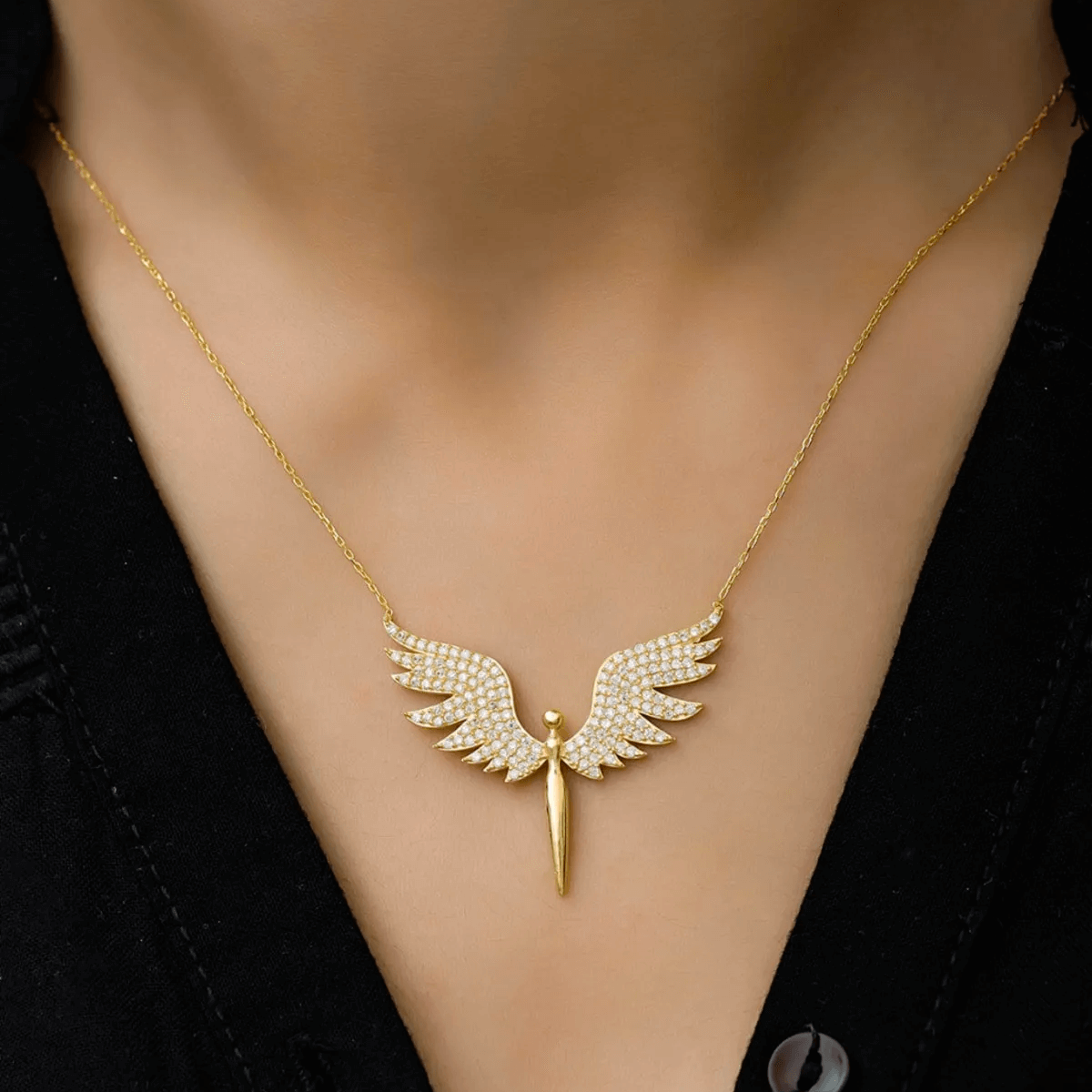 Angel Pendant Necklace White Zircon Stones in Sterling Silver