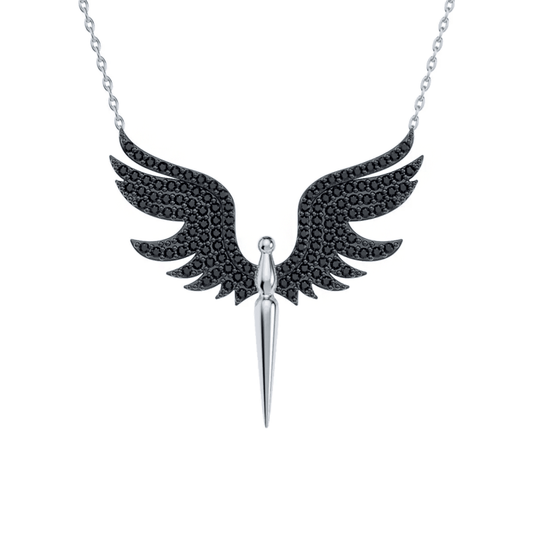 Angel Black Stones Pendant Necklace 925 Sterling Silver