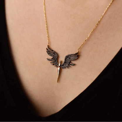 Angel Black Stones Pendant Necklace 925 Sterling Silver