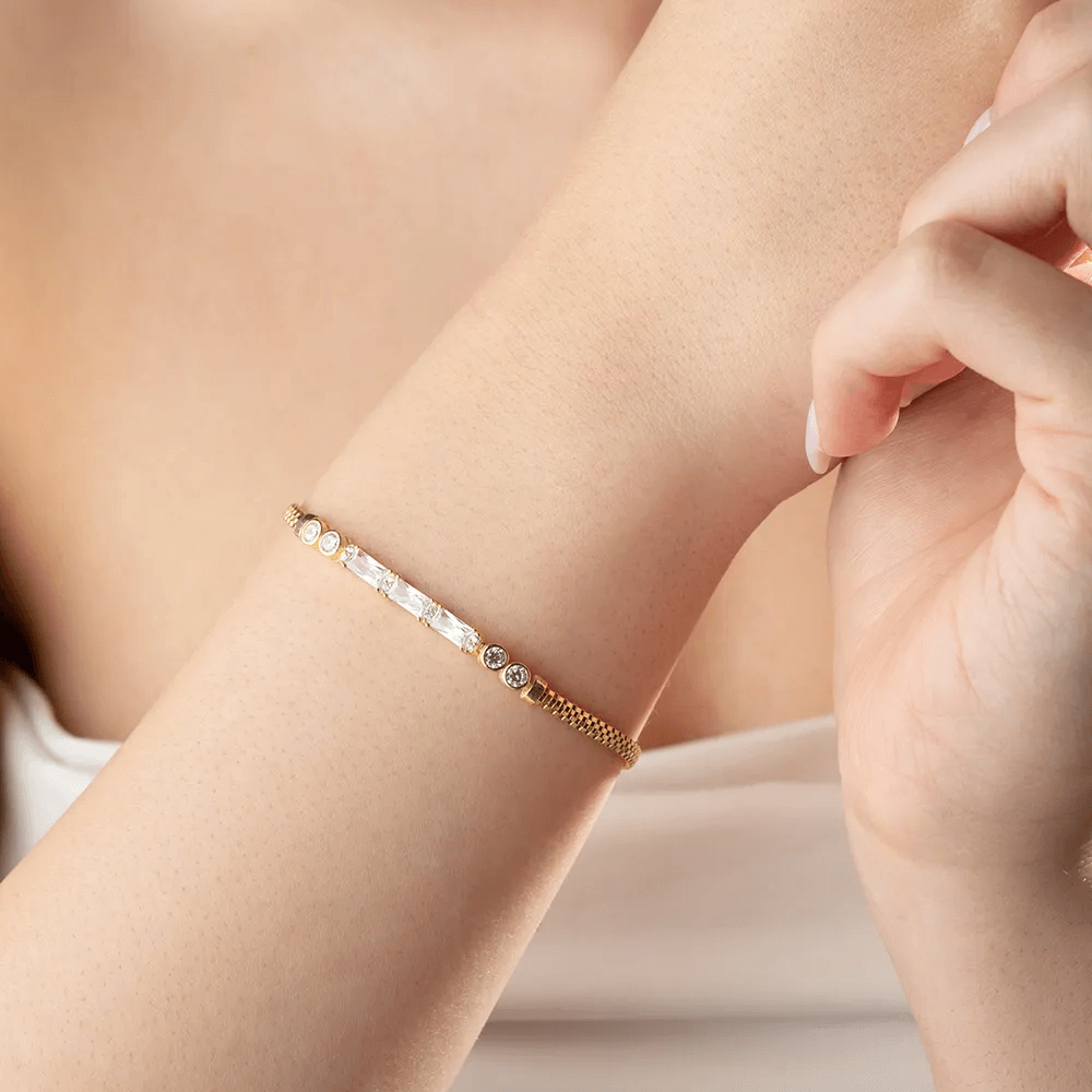 Baguette Stone Bracelet Gold-Plated Silver Mesh Chain
