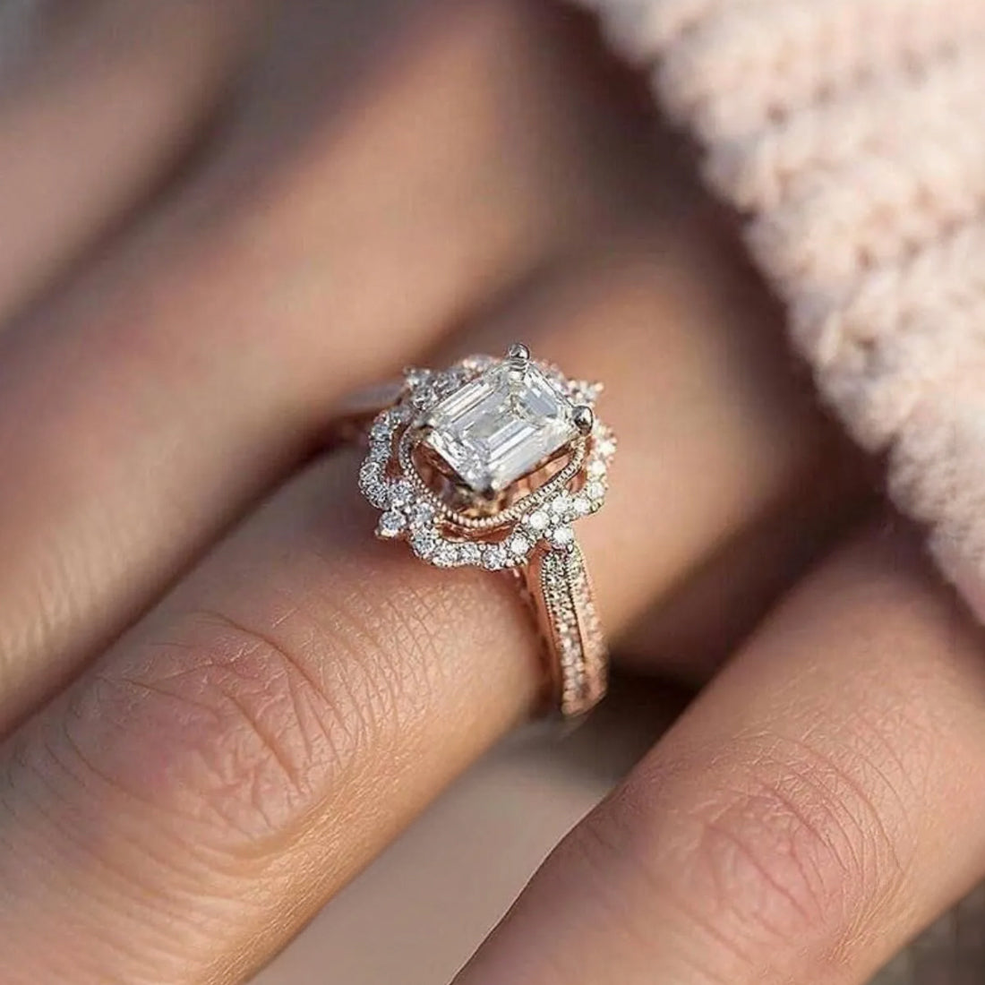 Vintage Style Baguette CZ Halo Ring Gold Over Silver