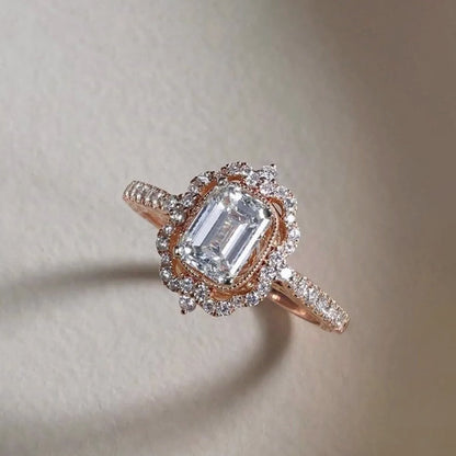 Vintage Style Baguette CZ Halo Ring Gold Over Silver