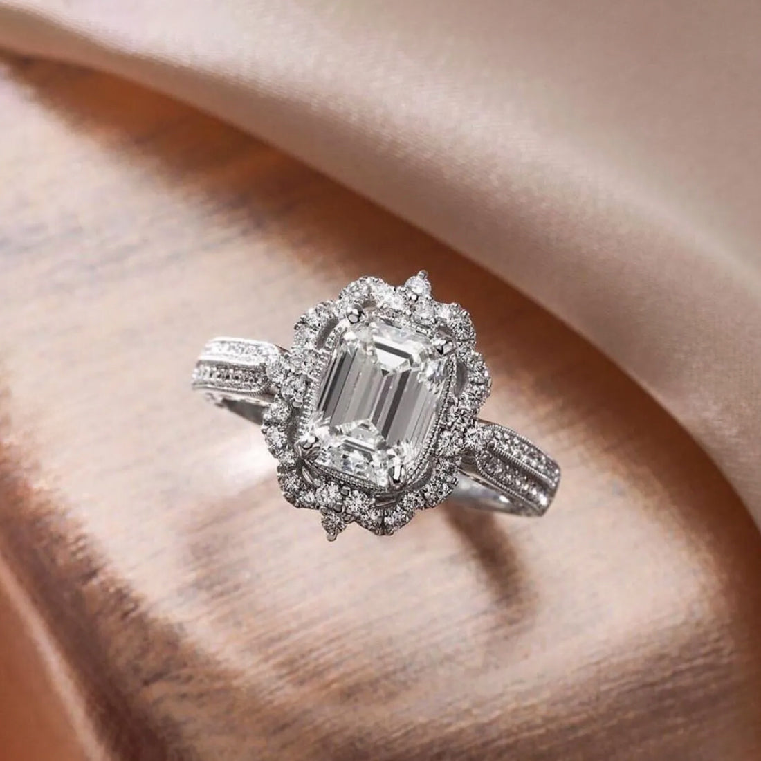 Vintage Style Baguette CZ Halo Ring Gold Over Silver