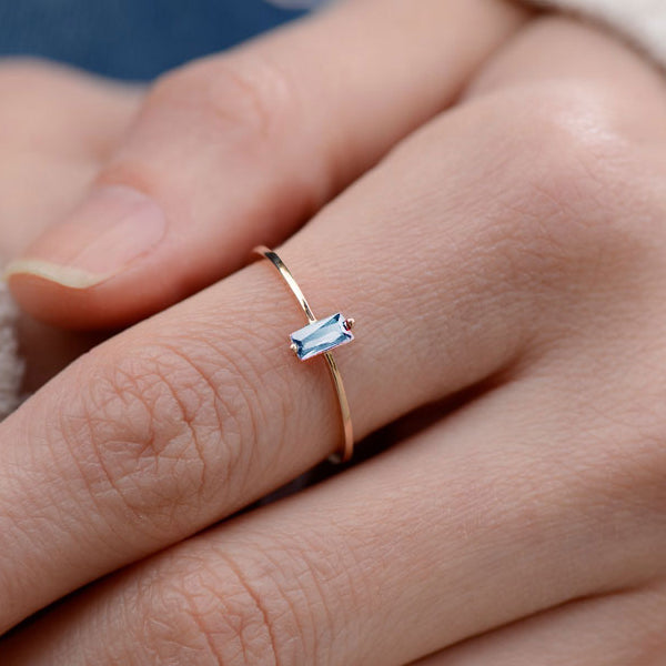 Baguette Gemstone Ring 14k Gold Dainty Band
