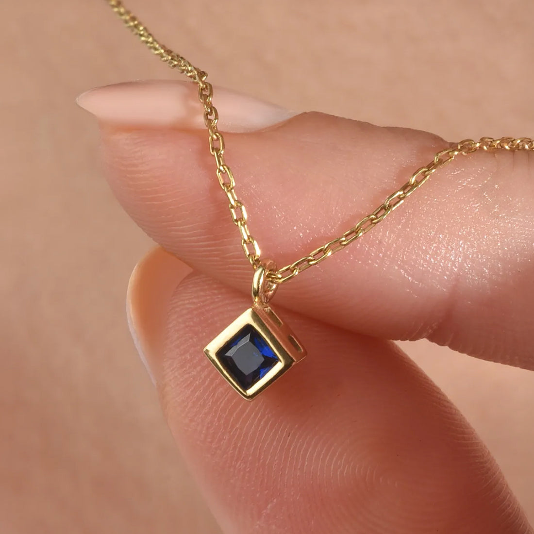 Personalized Square Birthstone Necklace Bezel Pendant