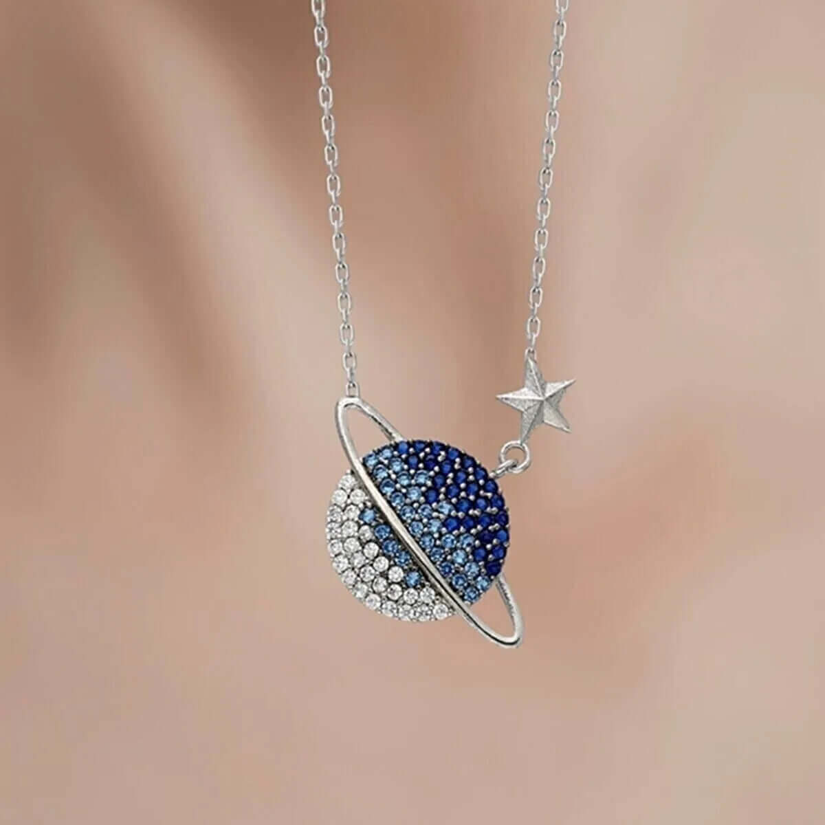 Saturn Planet Chain Necklace Black Cubic Zirconia in 925 Silver