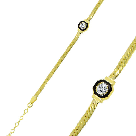 Silver Solitaire Stone Flat Curb Chain Bracelet Gold Jewelry