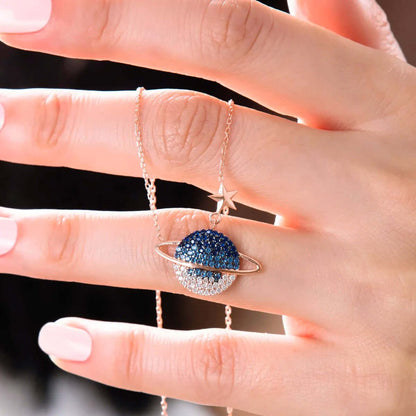 Saturn Planet Chain Necklace Black Cubic Zirconia in 925 Silver