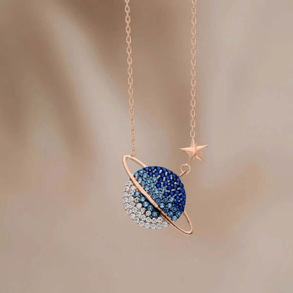 Saturn Planet Chain Necklace Black Cubic Zirconia in 925 Silver