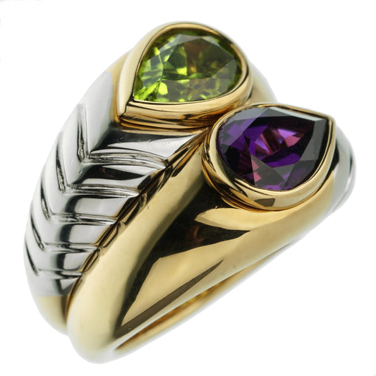 Bvlthtgari Amethyst Peridot Bypass Cocktail Gold Ring Sz 5