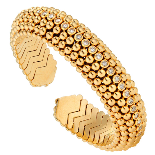 Bvlthtgari Dolce Vita 1950's Beaded Spiga Diamond 18k Yellow Gold Cuff Bracelet