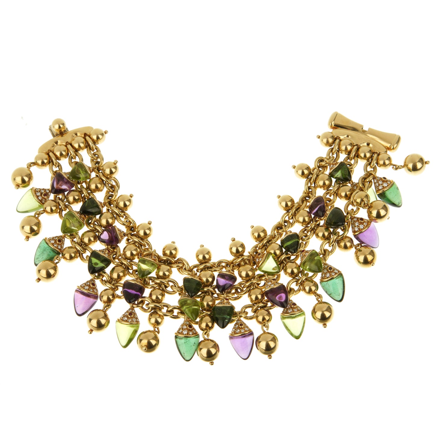 Bvlthtgari Naturalia Amethyst Tourmaline Peridot Diamond 18k Yellow Gold Bracelet