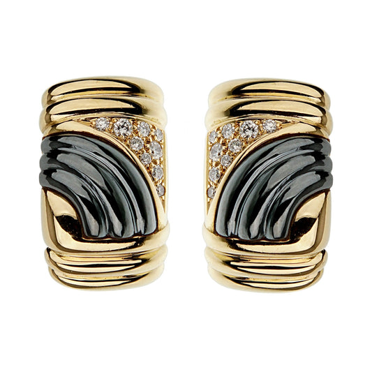 Bvlthtgari Parentesi Vintage Diamond Hematite 18k Yellow Gold Earrings