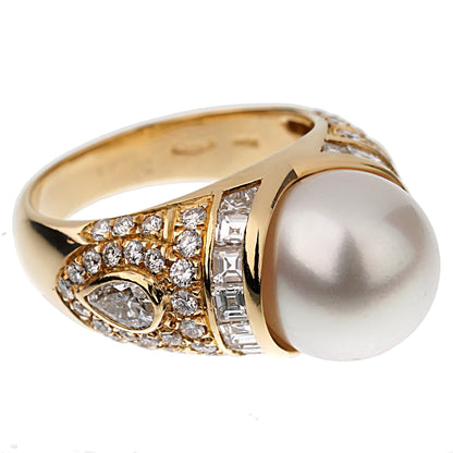 Bvlthtgari Vintage Pearl Diamond Cocktail Yellow Gold Ring Sz 5 3/4