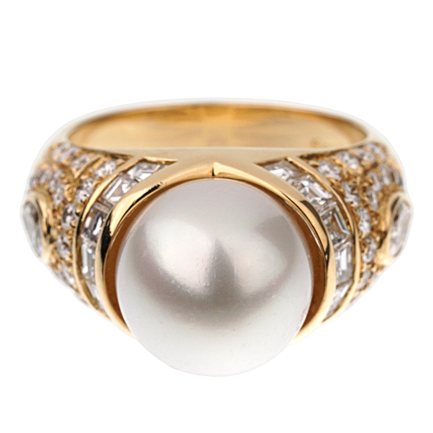 Bvlthtgari Vintage Pearl Diamond Cocktail Yellow Gold Ring Sz 5 3/4