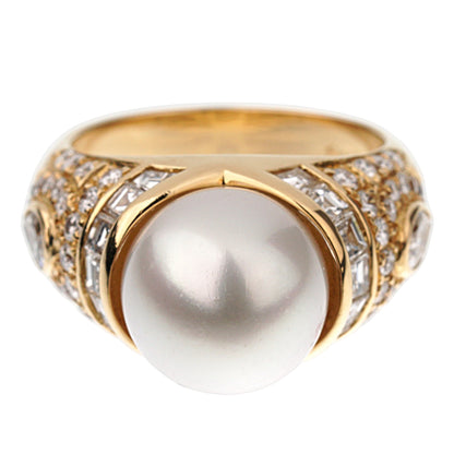 Bvlthtgari Vintage Pearl Diamond Cocktail Yellow Gold Ring Sz 5 3/4