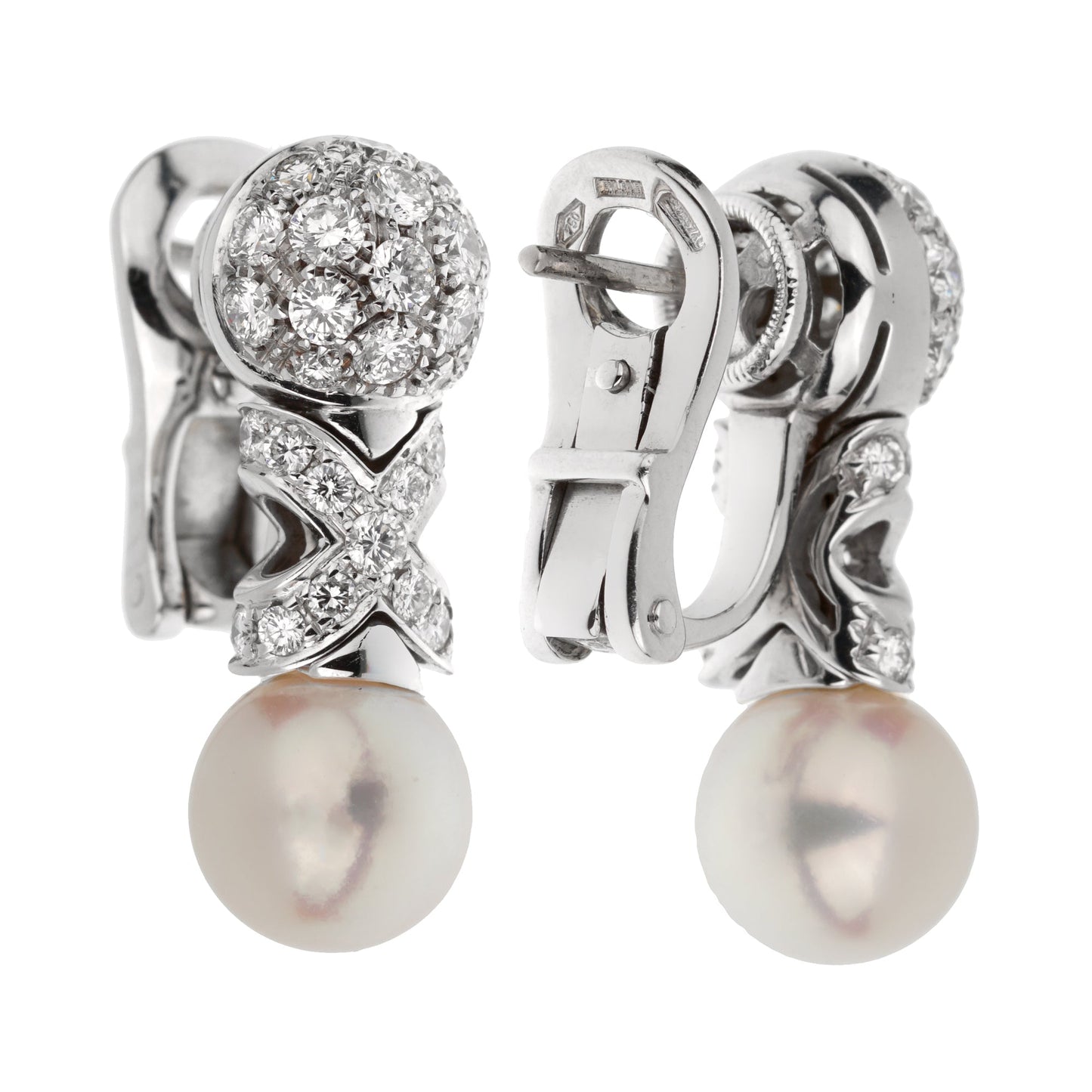 Bvlthtgari Vintage Pearl Diamond 18k White Gold Earrings
