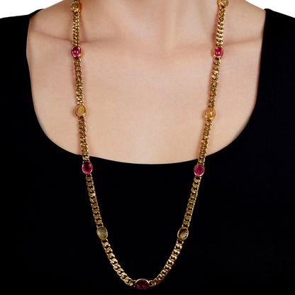 Bvlthtgari Vintage Pink Tourmaline Sautoir Yellow Gold Necklace