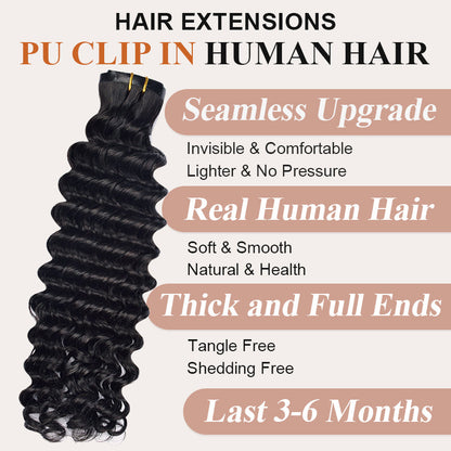 #1B 6Pcs Deep Wave Flash Sale Free Shipping PU Seamless Clip ins Hair Extensions Real Human Hair 120G CVOHAIR