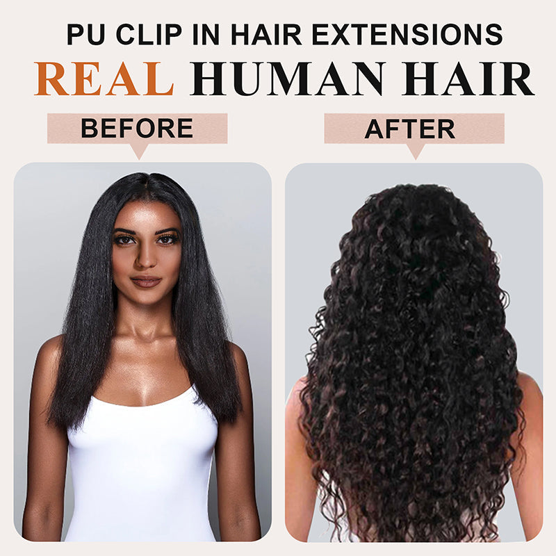#1B 6Pcs Deep Wave Flash Sale Free Shipping PU Seamless Clip ins Hair Extensions Real Human Hair 120G CVOHAIR