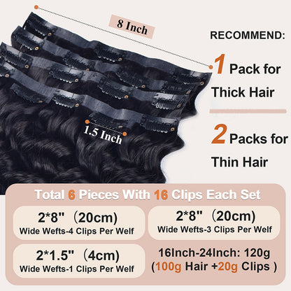#1B 6Pcs Deep Wave Flash Sale Free Shipping PU Seamless Clip ins Hair Extensions Real Human Hair 120G CVOHAIR