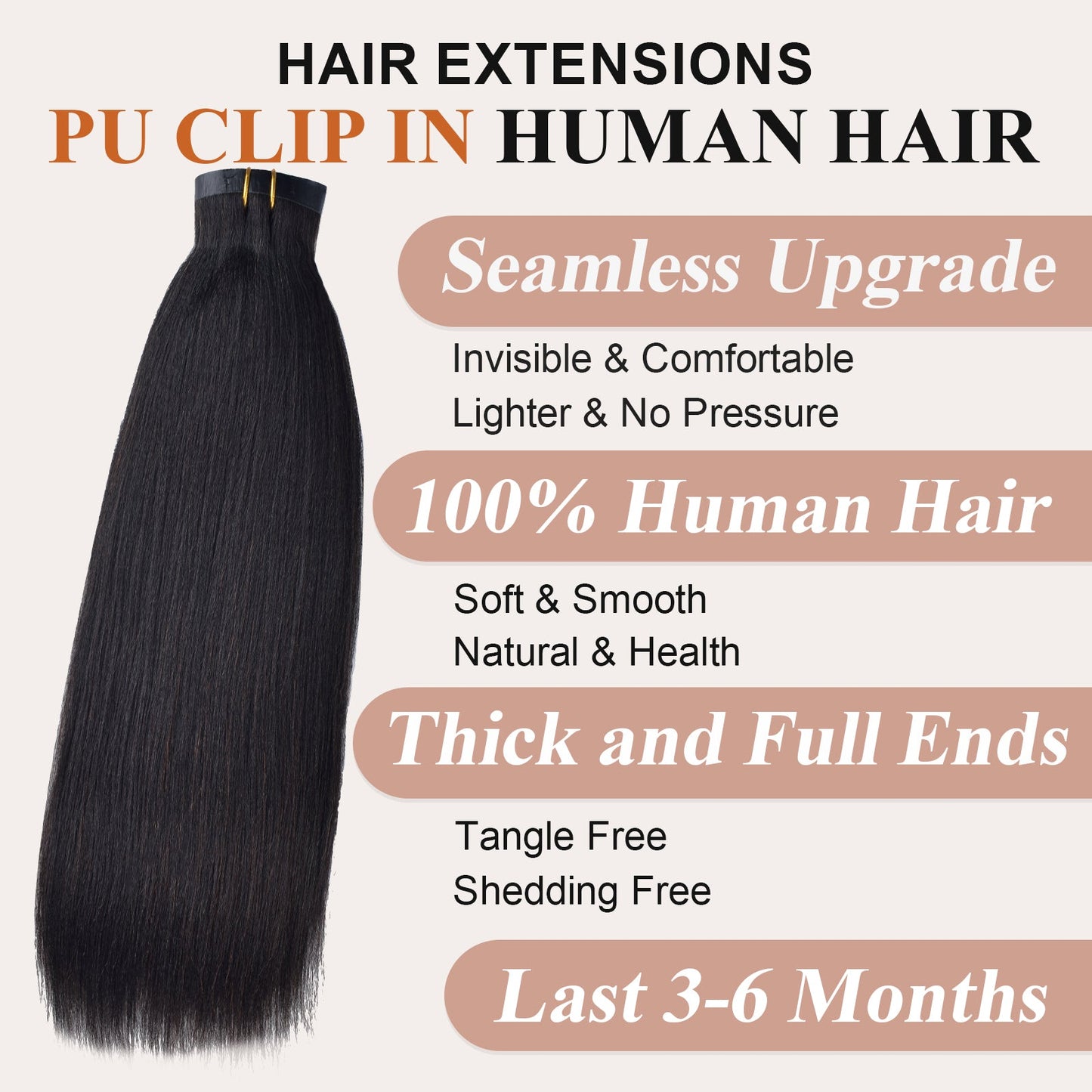 #1B 6Pcs Yaki Straight Free Shipping PU Seamless Clip ins Hair Extensions Real Human Hair 120G CVOHAIR