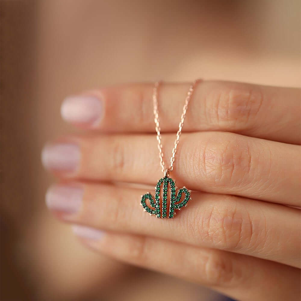 Cactus Necklace Green Stone Pendant 925 Silver