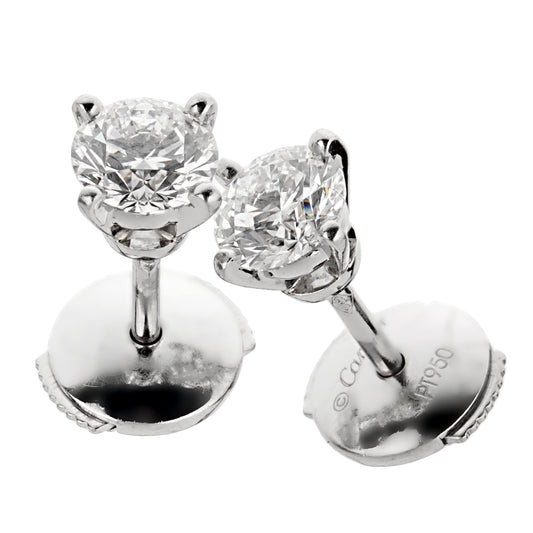 Carthttier 18k White Gold Round Brilliant Cut Diamond Solitaire Stud Earrings 1.08ct