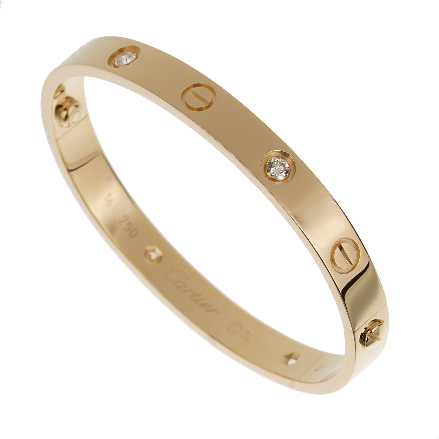 Carthttier 4 Diamond 18k Yellow Gold Love Classic Bangle Bracelet Sz 16