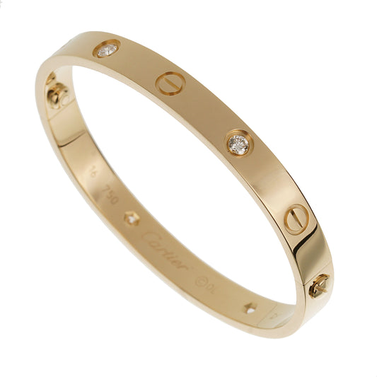 Carthttier 4 Diamond 18k Yellow Gold Love Classic Bangle Bracelet Sz 16