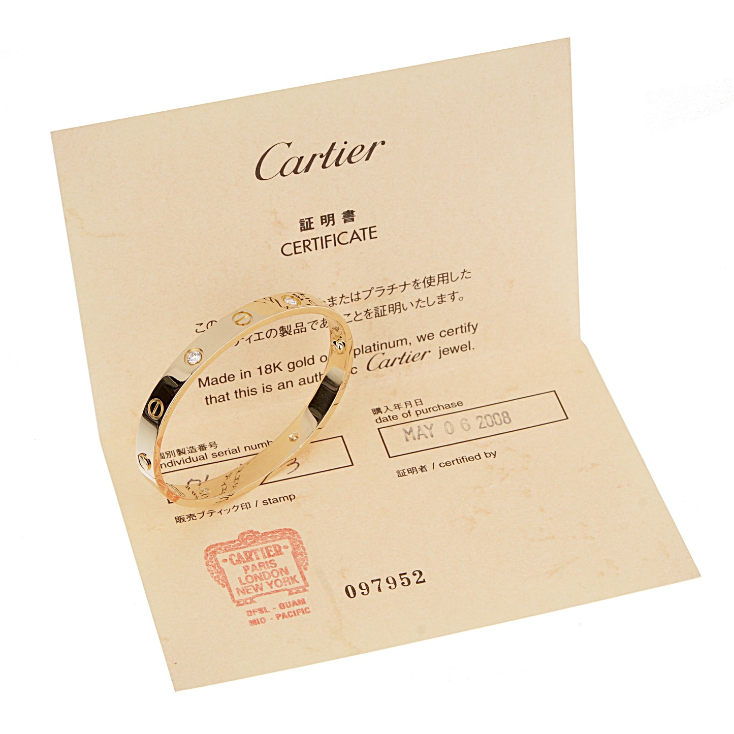 Carthttier 4 Diamond 18k Yellow Gold Love Classic Bangle Bracelet Sz 16