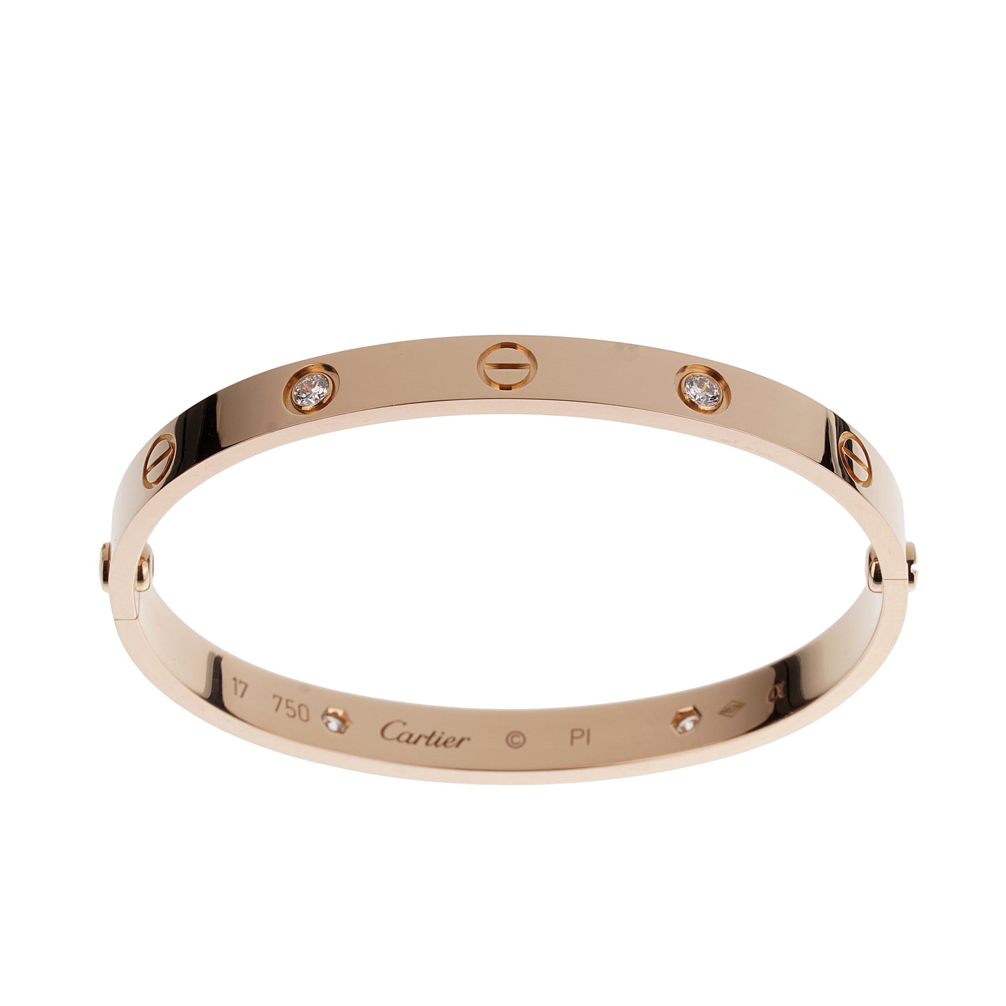 Carthttier Love Classic 4 Diamond 18k Rose Gold Bangle Bracelet Sz 17