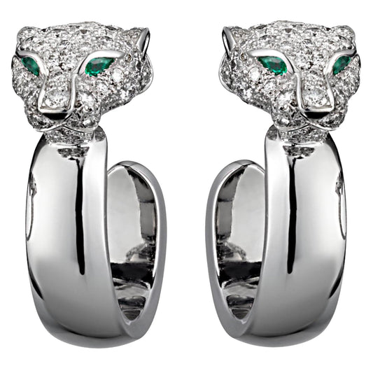 Carthttier Panthere Diamond Emerald White Gold Hoop Earrings