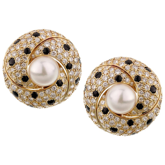 Carthttier Panthere Diamond Pearl 18k Yellow Gold Vintage Clip On Earrings