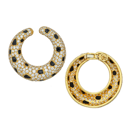 Carthttier Panthere Onyx Diamond 18k Yellow Gold Vintage Hoop Earrings